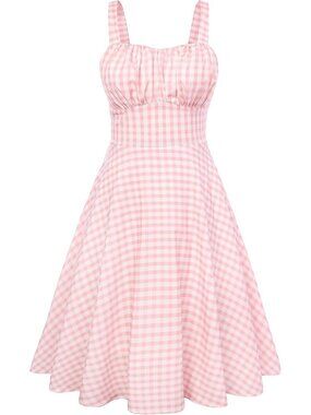 Women's Pink White Gingham Vintage A-Line Midi Cocktail Tea Party Dress